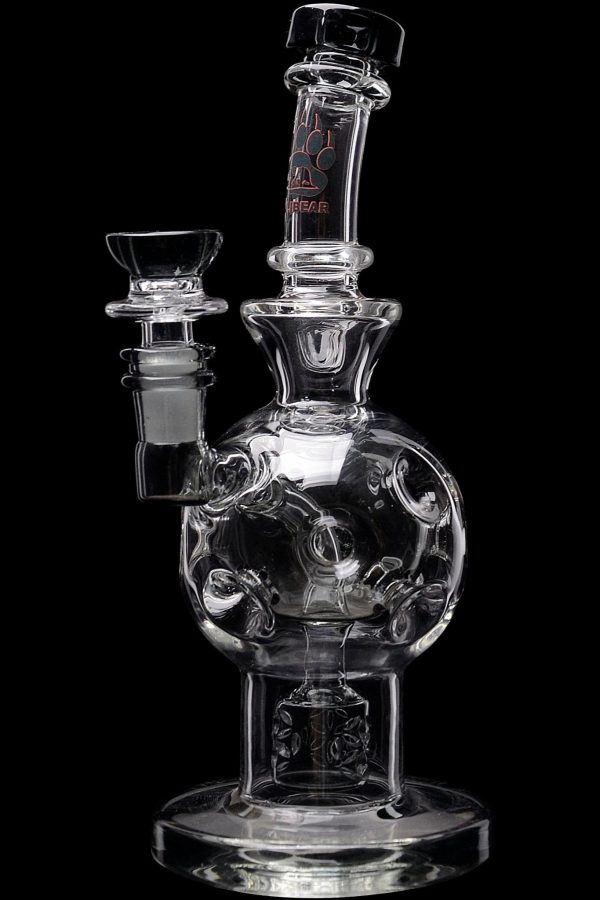 Clear glass water pipe (bong) with intricate bubble design.