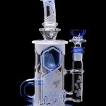 A detailed glass water pipe (bong) with a honeycomb pattern and blue accents, isolated on a black background.