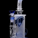 Blue and clear glass water pipe (bong) with intricate etched designs.
