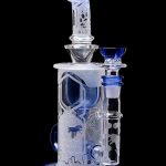 Intricate blue and frosted glass water pipe (bong) with multiple chambers and bubblers, isolated on a black background.
