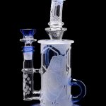 Frosted glass water pipe with blue accents and intricate character etchings.