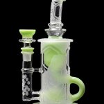 Green glass water pipe (bong) with intricate bubbler design.