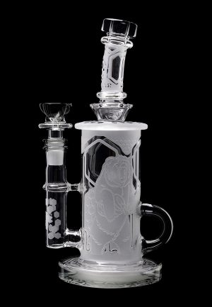 Frosted glass water pipe (bong) with intricate sculpted figures, featuring a separate downstem and bowl.