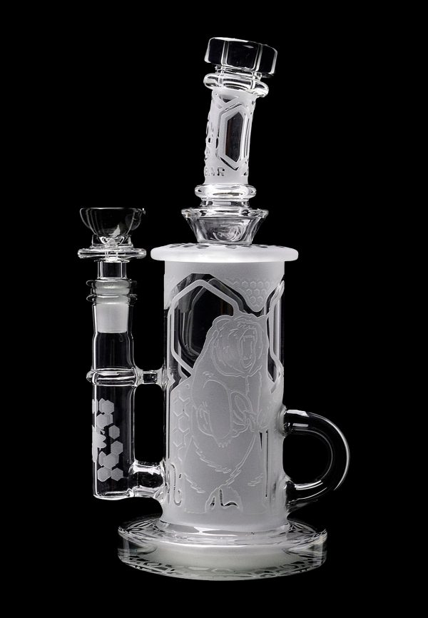 Frosted glass water pipe (bong) with intricate sculpted figures, featuring a separate downstem and bowl.