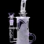 Frosted glass water pipe with intricate etched designs, featuring a separate glass bowl.