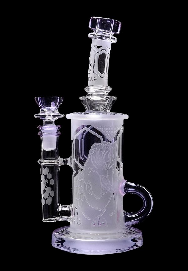 Frosted glass water pipe with intricate etched designs, featuring a separate glass bowl.