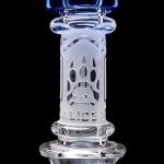 Frosted glass cannabis water pipe with blue accents.