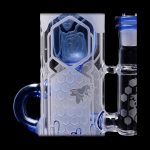 Clear glass water pipe with blue accents, honeycomb pattern, and sculpted bee detail.