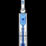 Blue glass water pipe (bong) with intricate bubbler design.