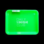 Bright green rolling tray with "DAILY HIGH CLUB" logo and cannabis-related accessories.