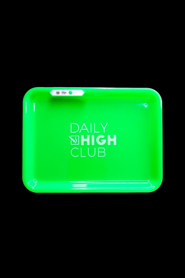 Bright green rolling tray with "DAILY HIGH CLUB" logo and cannabis-related accessories.