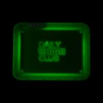 Green rolling tray with “Daily High Club” illuminated in neon lettering.