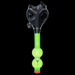 A studio shot of the JM Plastics Black Gas Mask with Bright Acrylic Water Pipe, angled to showcase its unique design.