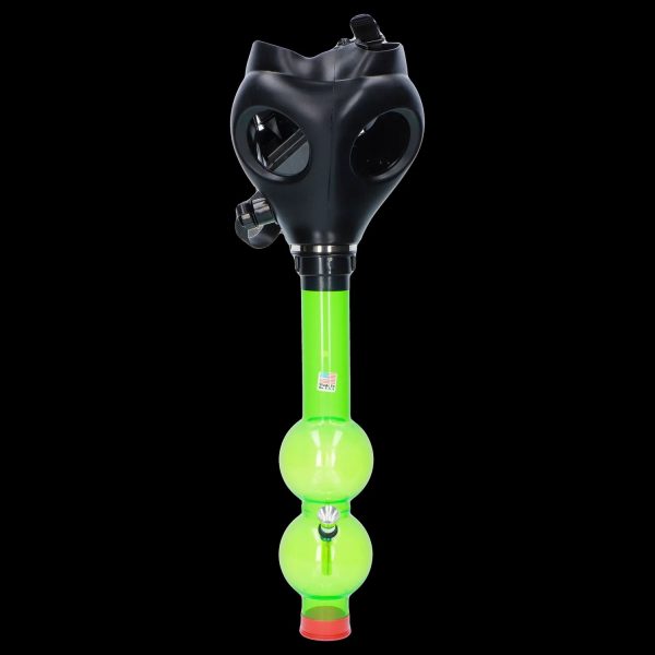 A studio shot of the JM Plastics Black Gas Mask with Bright Acrylic Water Pipe, angled to showcase its unique design.
