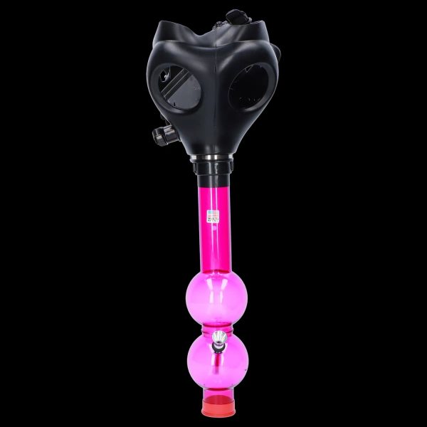A straight-on view of the JM Plastics Black Gas Mask with Bright Acrylic Water Pipe, showcasing the vibrant acrylic against the black mask.