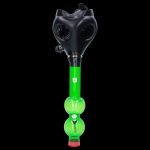A front view of the JM Plastics Black Gas Mask with Bright Acrylic Water Pipe, showing the dark mask connected to a colorful pipe.