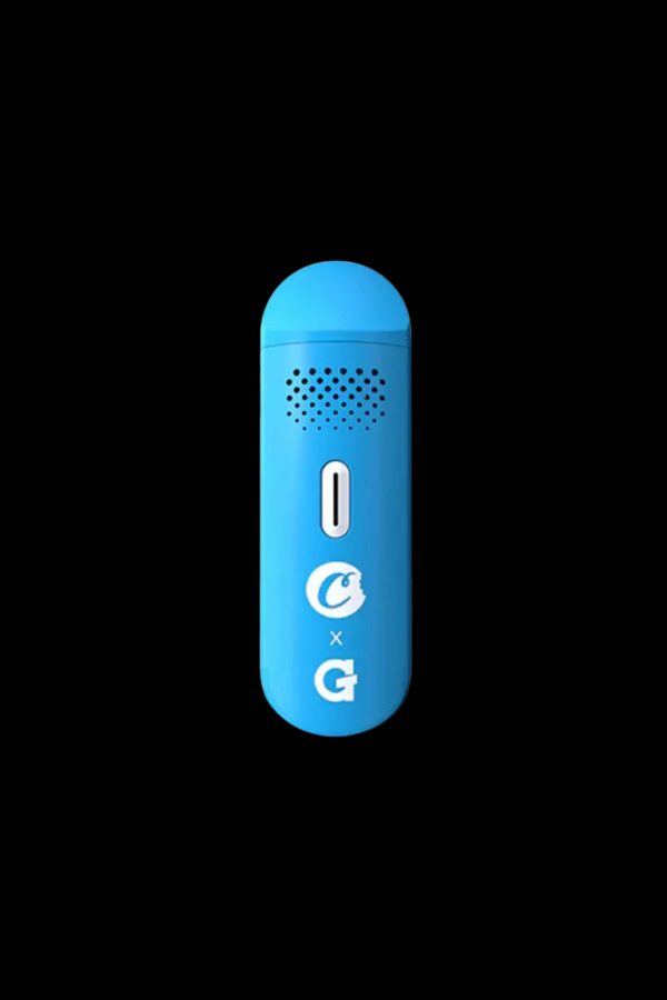 Blue cannabis vaporizer pen with “O” and “G” logos.