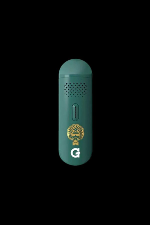 Green cannabis vaporizer with gold detailing and a “G” logo.