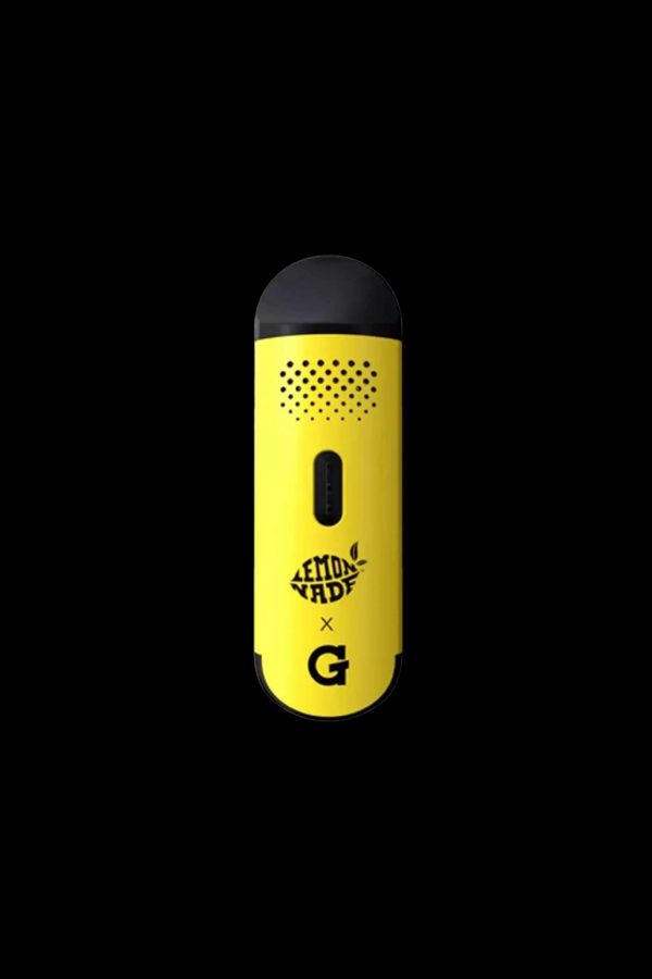 Yellow cannabis vape pen with “Lemonnade x G” branding.