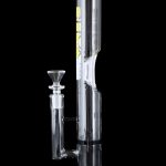 Front view of the GRAV® Medium 12 Inch Straight Tube, showing black accents and a clear glass construction in a studio setting.