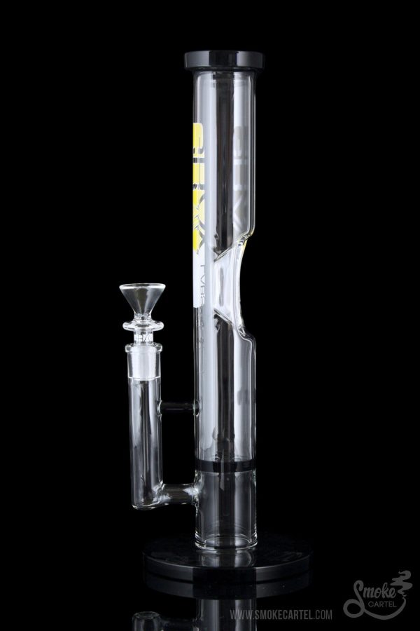 Front view of the GRAV® Medium 12 Inch Straight Tube, showing black accents and a clear glass construction in a studio setting.