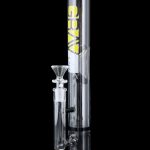 A straight-on view of the GRAV® Medium 12 Inch Straight Tube with black accents, showcasing its clear glass construction and simple cylindrical form.