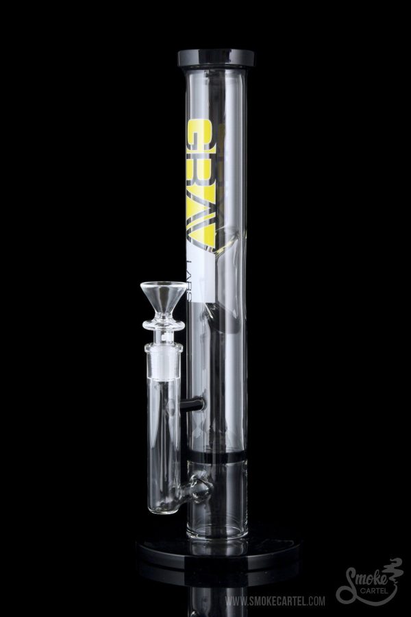 A straight-on view of the GRAV® Medium 12 Inch Straight Tube with black accents, showcasing its clear glass construction and simple cylindrical form.