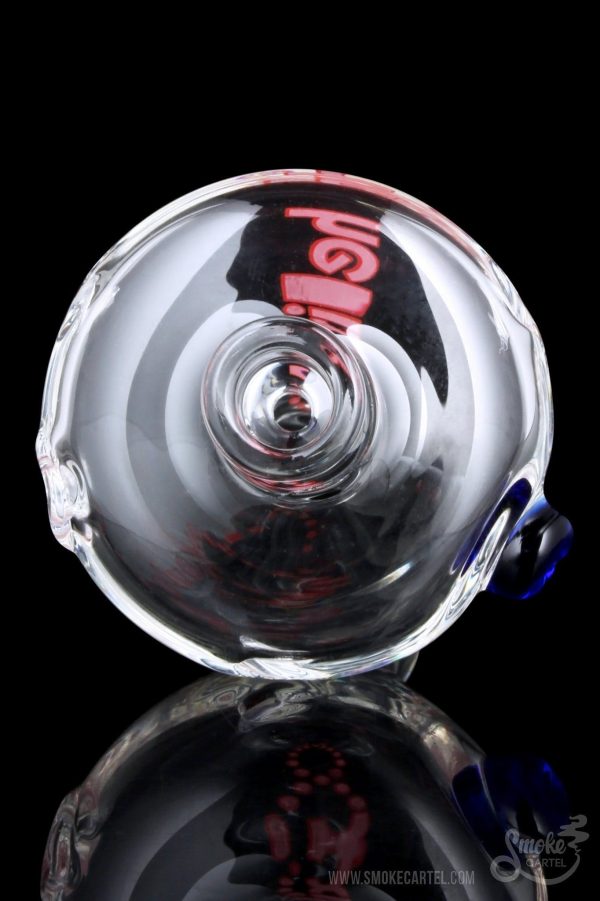 A close-up, angled view of the GRAV® Helix Taster Chillum, showcasing its clear glass construction and streamlined design.