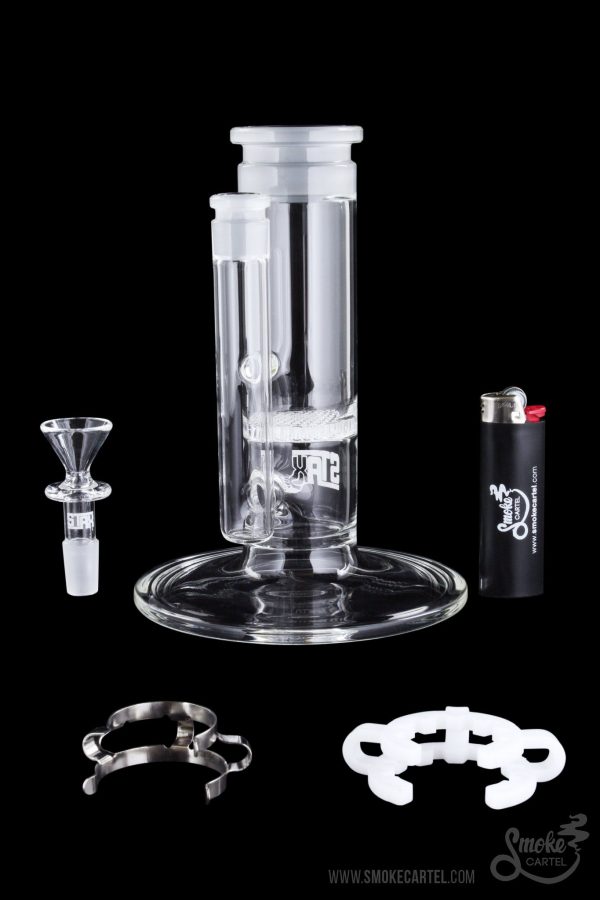 Clear glass water pipe (bong) with detachable downstem, bowl, silicone band, carb cap, and lighter, displayed on a black background.
