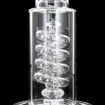 Front view of the GRAV® STAX Flare Base with Coil Showerhead Perc, showcasing its clear glass construction and coiled perc design.