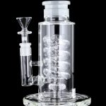 Front view of the GRAV® STAX Flare Base with Coil Showerhead Perc, showcasing its clear glass construction and unique coil perc design.