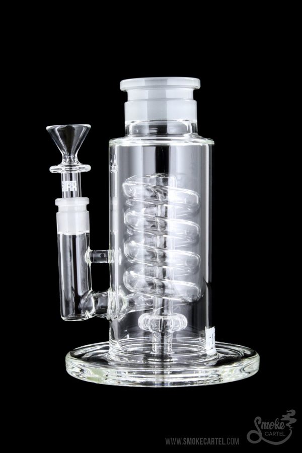Front view of the GRAV® STAX Flare Base with Coil Showerhead Perc, showcasing its clear glass construction and unique coil perc design.