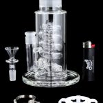Front view of the GRAV® STAX Flare Base with Coil Showerhead Perc, showcasing its clear glass construction and unique coil perc design.