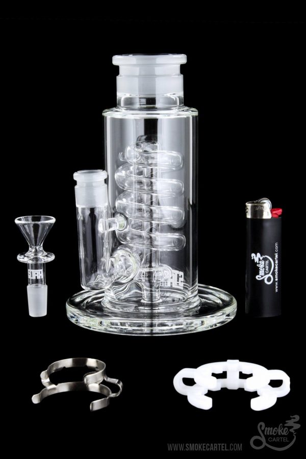 Front view of the GRAV® STAX Flare Base with Coil Showerhead Perc, showcasing its clear glass construction and unique coil perc design.