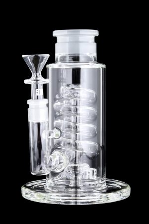 Front view of the GRAV® STAX Flare Base with Coil Showerhead Perc, showcasing its clear glass construction and unique coil perc design.