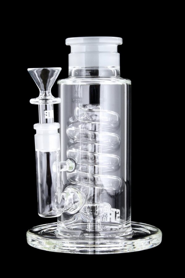 Front view of the GRAV® STAX Flare Base with Coil Showerhead Perc, showcasing its clear glass construction and unique coil perc design.