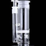 Clear glass water pipe (rig) with intricate percolators, isolated on a black background.