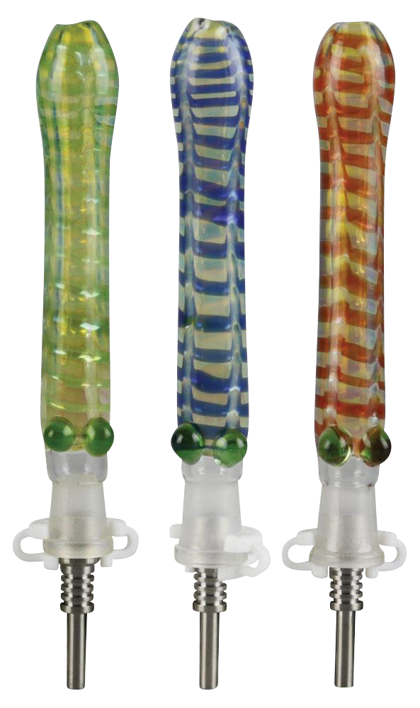 Front view of the Glass Dab Collector Straw with 10mm Titanium Tip, showcasing its clear glass construction and slender, elongated design.