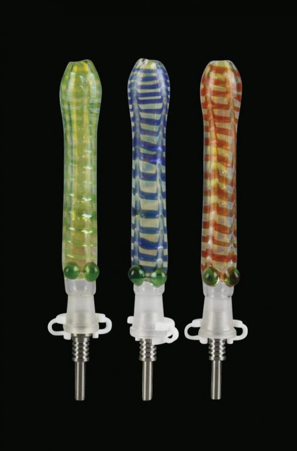 A close-up, angled view of the Glass Dab Collector Straw with 10mm Titanium Tip, showing its clear glass construction.