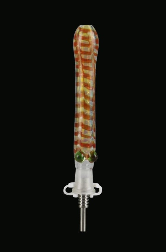 A close-up, angled view of the Glass Dab Collector Straw with 10mm Titanium Tip, displaying its colorful glass design.