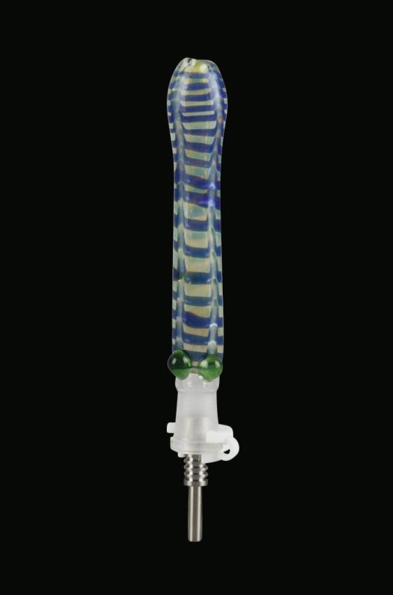 A close-up, angled view of the Glass Dab Collector Straw with 10mm Titanium Tip, showcasing its clear glass body and metallic tip.