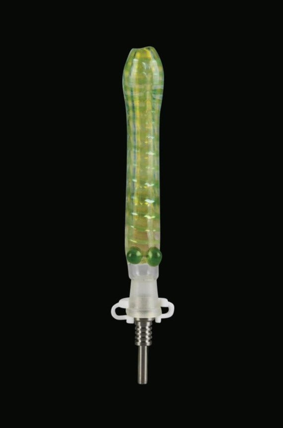 Front view of the Glass Dab Collector Straw with 10mm Titanium Tip, showing a clear glass tube with a metallic tip.