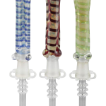Front view of the Simple Glass Nectar Dab Straw Collector with Quartz Tip, showcasing a slender, patterned glass tube with a visible quartz tip.