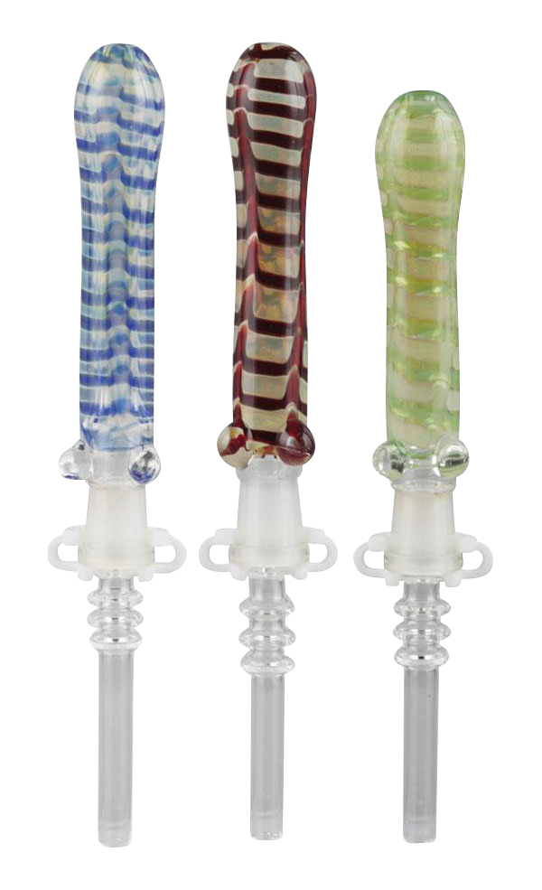 Front view of the Simple Glass Nectar Dab Straw Collector with Quartz Tip, showcasing a slender, patterned glass tube with a visible quartz tip.