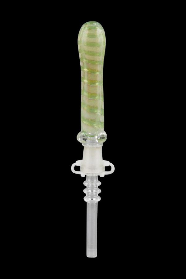 Green and white glass oil rig dab nail with a detailed, elongated design.