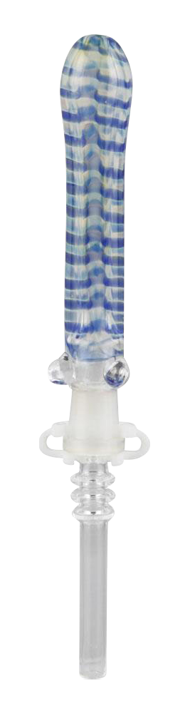 A front view of the Simple Glass Nectar Dab Straw Collector with Quartz Tip, showing its clear glass construction and slender profile.