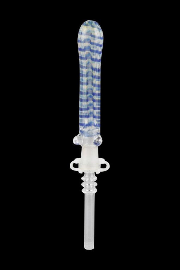 Blue and white patterned glass dab rig with intricate detailing.
