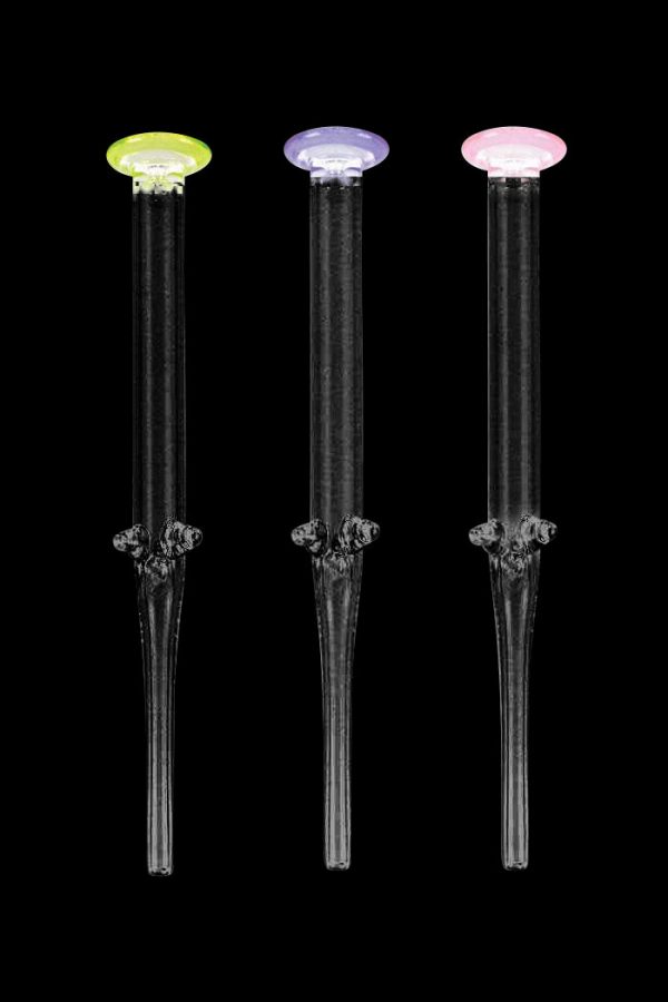 Three glass cannabis water pipes with colored accents against a black background.