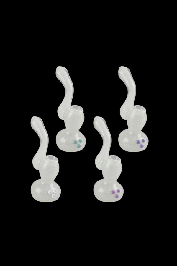 Front view of the Glow in the Dark Glass Bubbler, showcasing its clear glass construction and simple curved design against a black background.