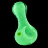 A front view of the Glow Pinch Tip Spoon Hand Pipe, featuring a green, curved design against a dark background.